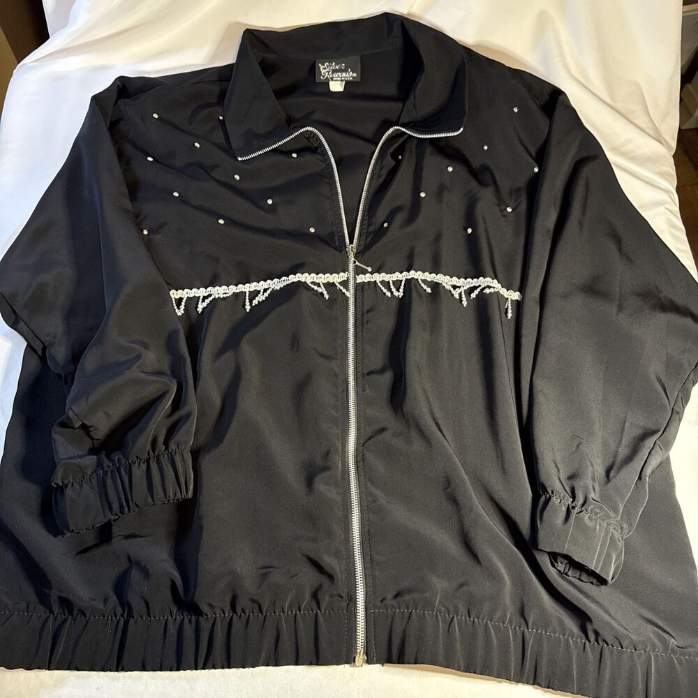 Silver Threads Beaded Vintage Track Jacket WindBreaker  Size 3X Pearl Bedazzled